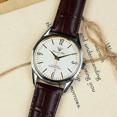 Mechanical Hand Wind Wristwatch 17 Jewels Leather Strap