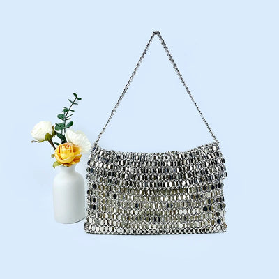 Sequin Disc Mesh Handwoven Shoulder Bag With Chain