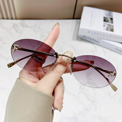 F Emblem Oval Rimless Sunglasses With Delicate Bridges - WO2MEN