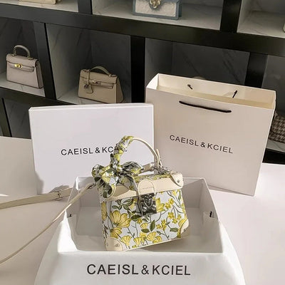 Box Handbag with Floral Embroidery and Scarf Accent - WO2MEN