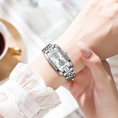 Rectangular Crystal Watch For Women With Rhinestones - WO2MEN