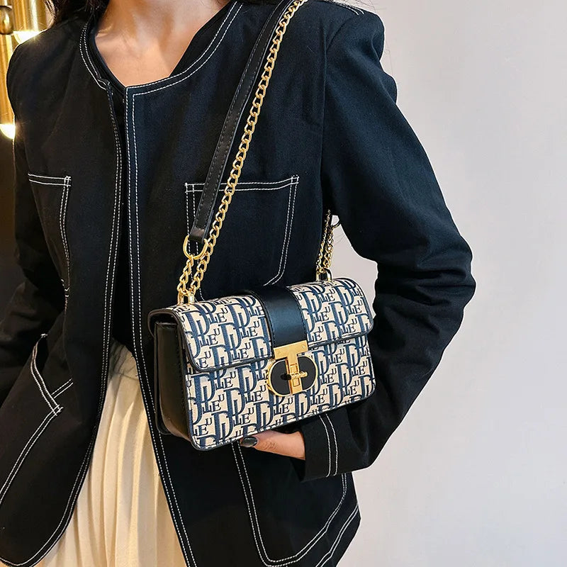 Monogram Pattern Crossbody Bag With Elegant Chain Strap