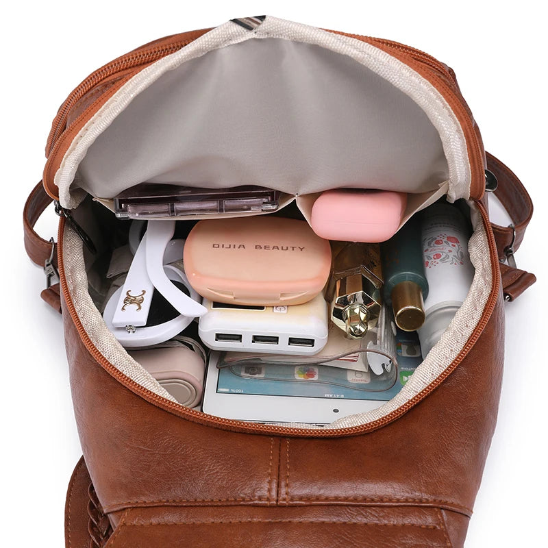 Soft Leather Backpack With Braided Flap Zipper Pocket