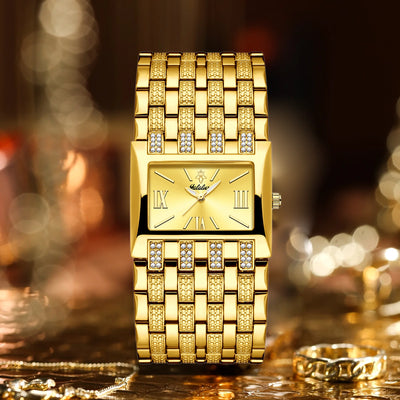 Elegant Womens Rectangular Dress Watch with Crystals - Gold Gold