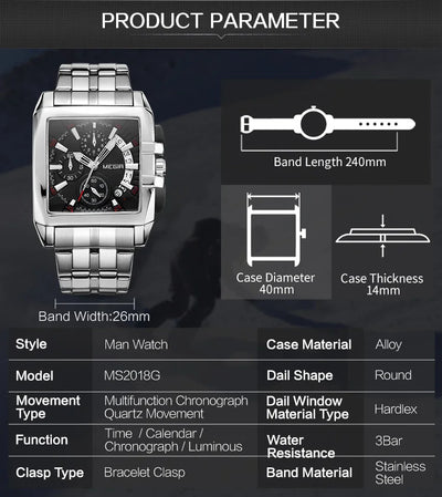 Chronograph Watch Square Dial with Calendar Date