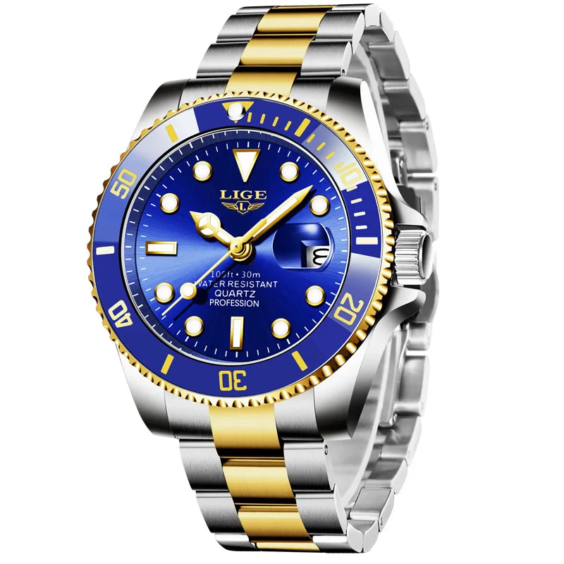Mens Date Quartz Wristwatch with Luminous Hands - Gold Blue