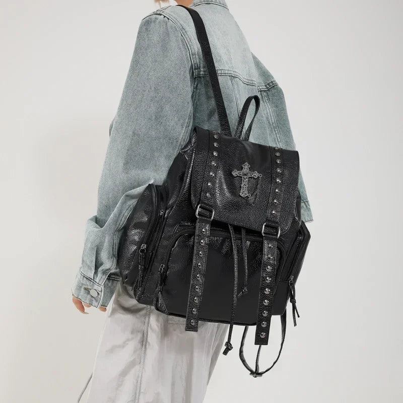 Gothic Punk Studded Backpack with Cross Emblem