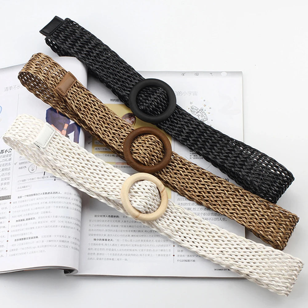 Elastic Braided Belt with Round Wooden Buckle