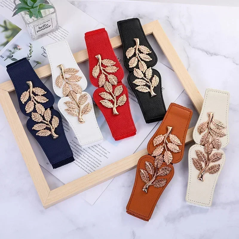 Floral Leaf Buckle Belt with Elastic Strap Adjustable