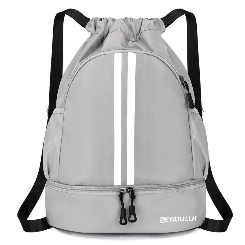 Drawstring Gym Backpack with Bottom Zipper Closure - Grey