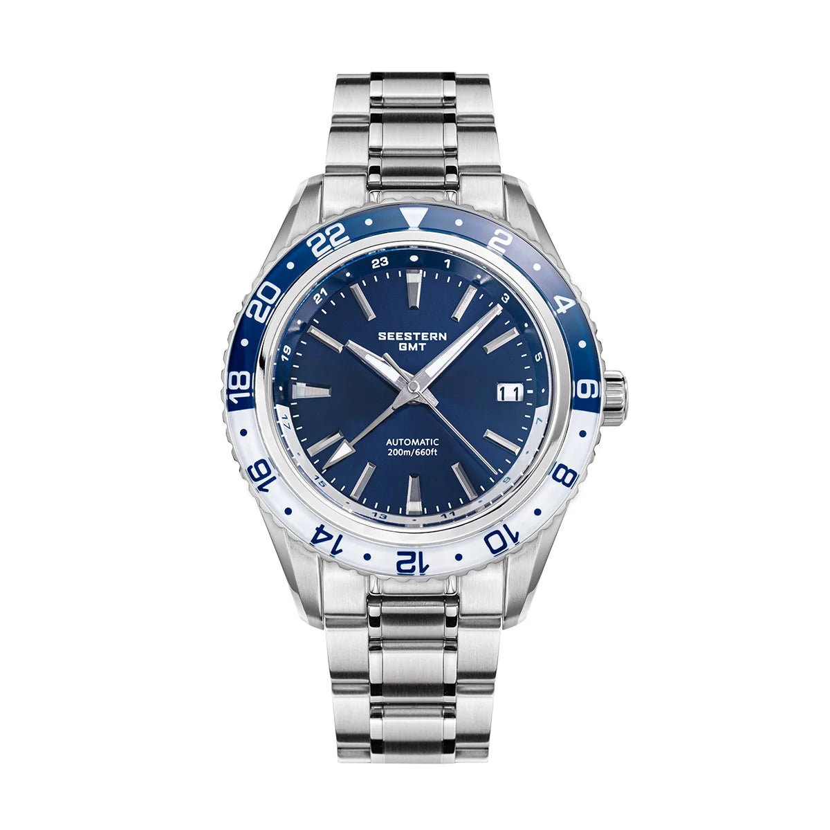 GMT Automatic Diver Watch Crystal Bezel Stainless Steel - Dark Blue