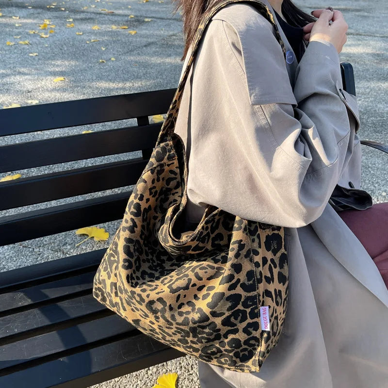 Leopard Pattern Shoulder Bag Vintage Large Tote Two Handles