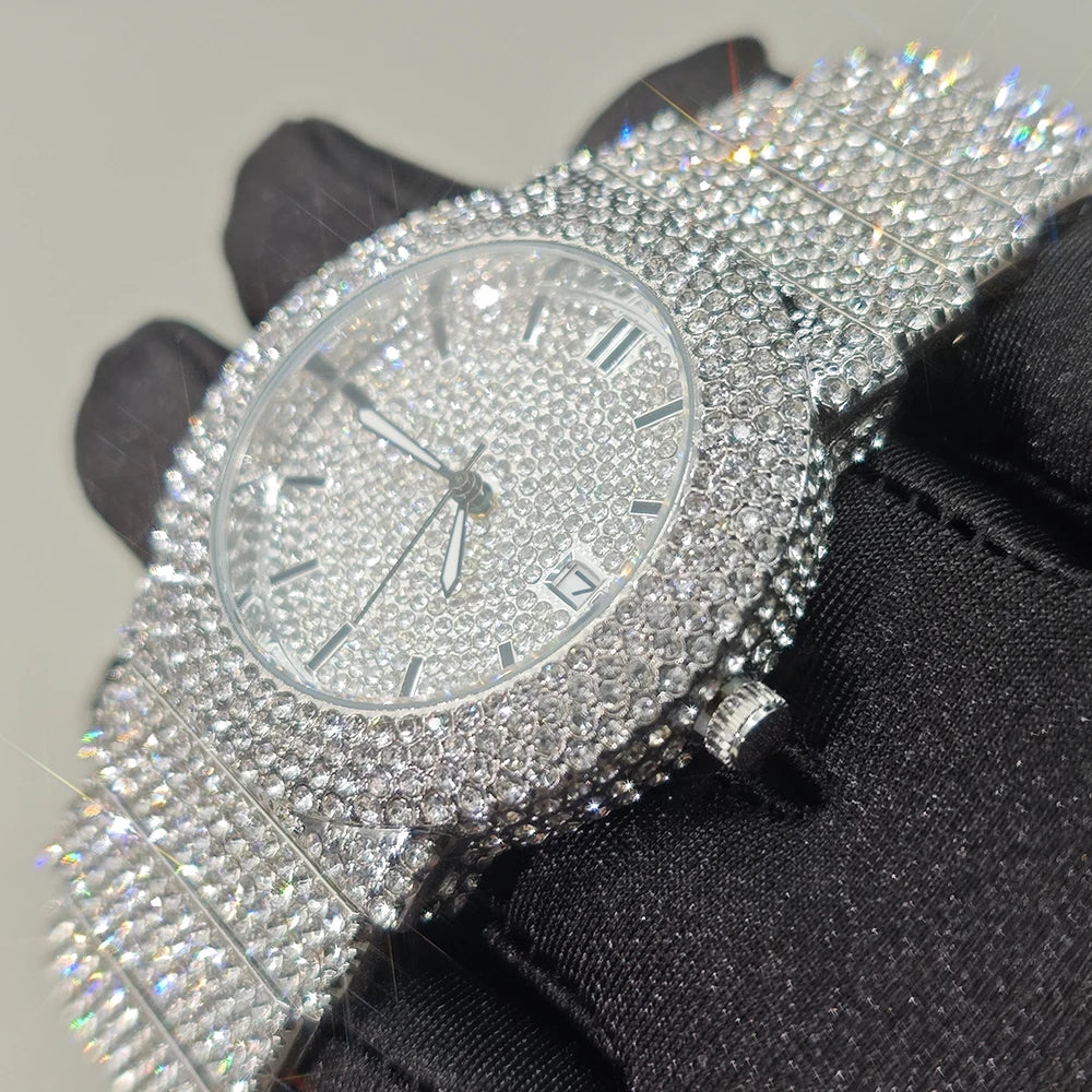 Diamond Paved Stainless Steel Watch with Luminous Dial