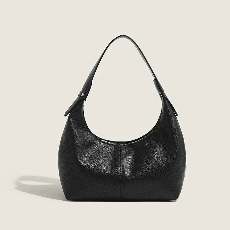 PU Leather Hobo Handbag with Zipper Shoulder Strap - Black
