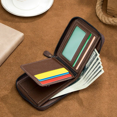 Trifold Zipper Wallet with Vintage Craft Symmetry Line - WO2MEN
