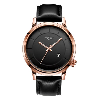 Minimalist Leather Strap Watch with Date Window - Black Rose Gold