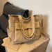 Large Capacity Corduroy Tote Bag with Front Pockets - Khaki