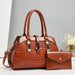 Crocodile Texture Handbag Tote with Top Handle - Camel
