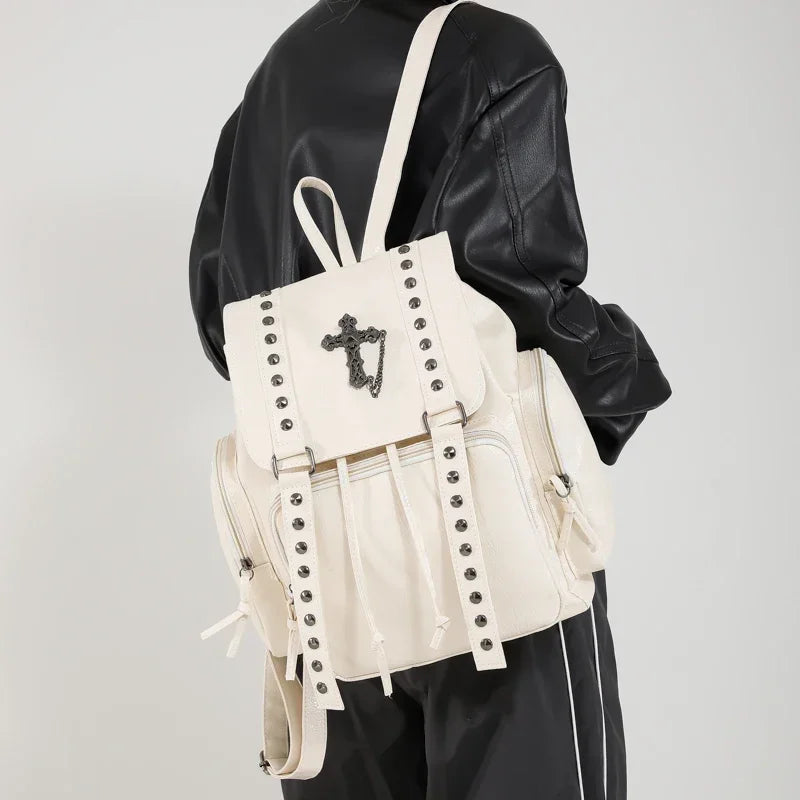 Gothic Punk Studded Backpack with Cross Emblem