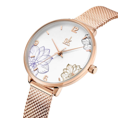 Watch Floral Dial Mesh Strap Timepiece for Everyday - WO2MEN