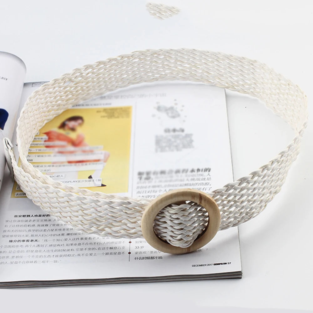 Elastic Braided Belt with Round Wooden Buckle