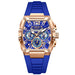 Mens Square Dial Chronograph Quartz Wristwatch Casual - Gold Blue