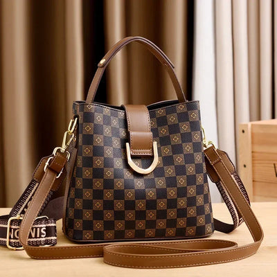 Checkerboard Bucket Bag With Straps And Metal Hardware