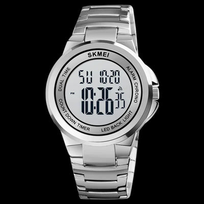 Digital Wristwatch with LED Backlight Chronograph - Silver White