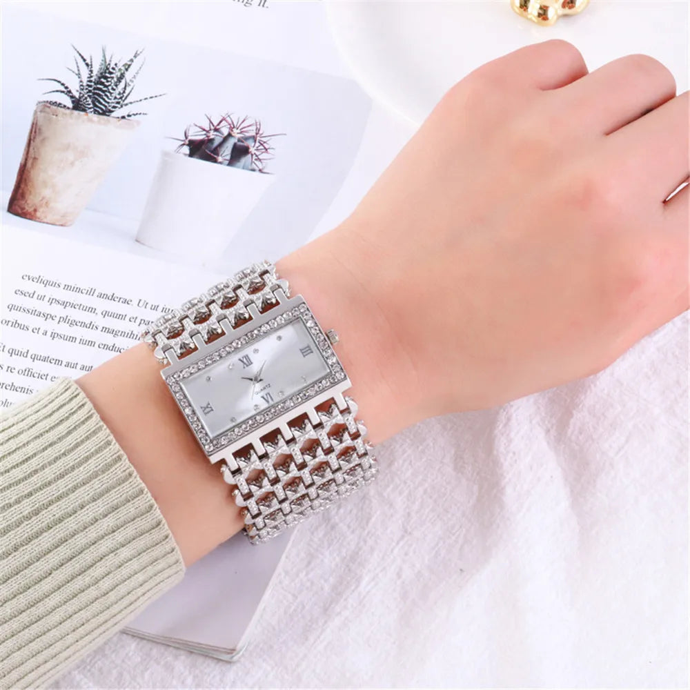Rectangular Diamond Accented Watch With Chain Bracelet - Sliver