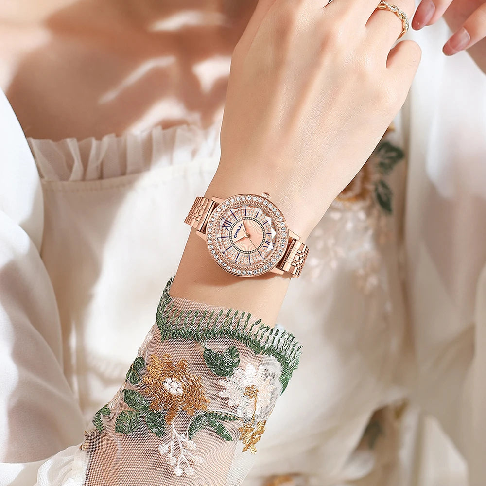 Crystal Halo Dial Dress Watch With Sparkling Bezel