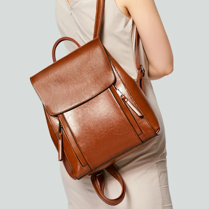 Genuine Leather Backpack with Top Handle Zipper Pockets