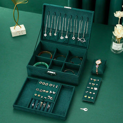 Vintage Dual Layer Jewelry Box with Secure Lock Storage