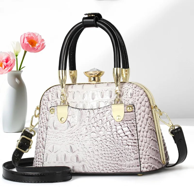 Crocodile Pattern Shoulder Bag with Gold Hardware