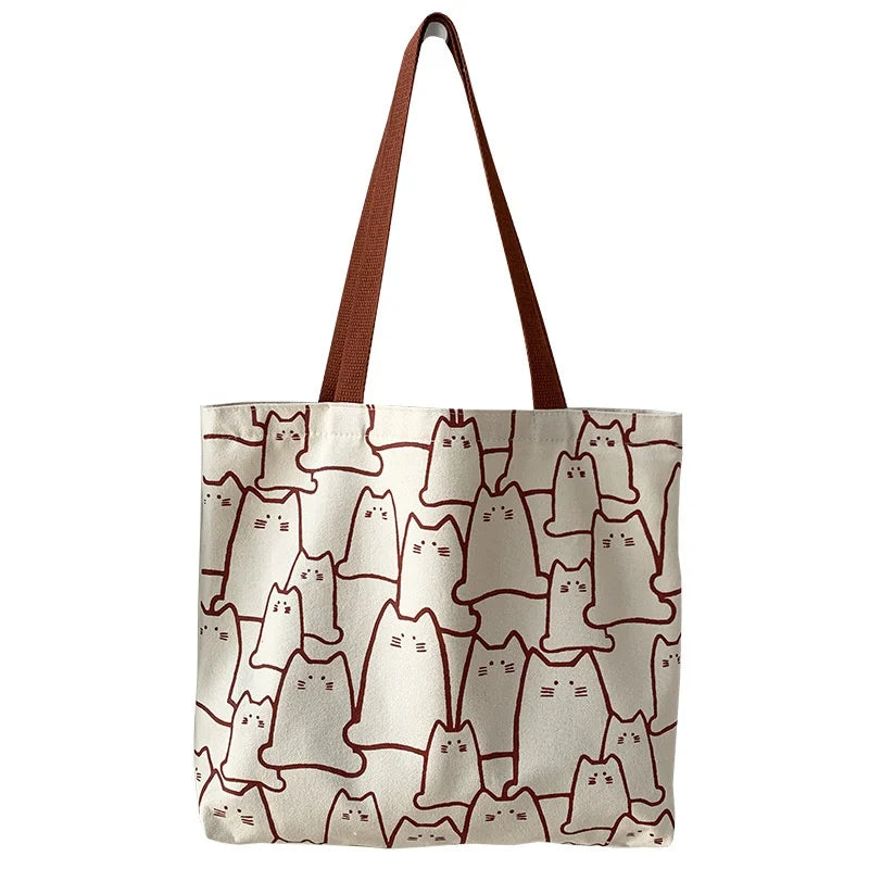 Canvas Tote Bag Cat Print Casual Everyday Tote