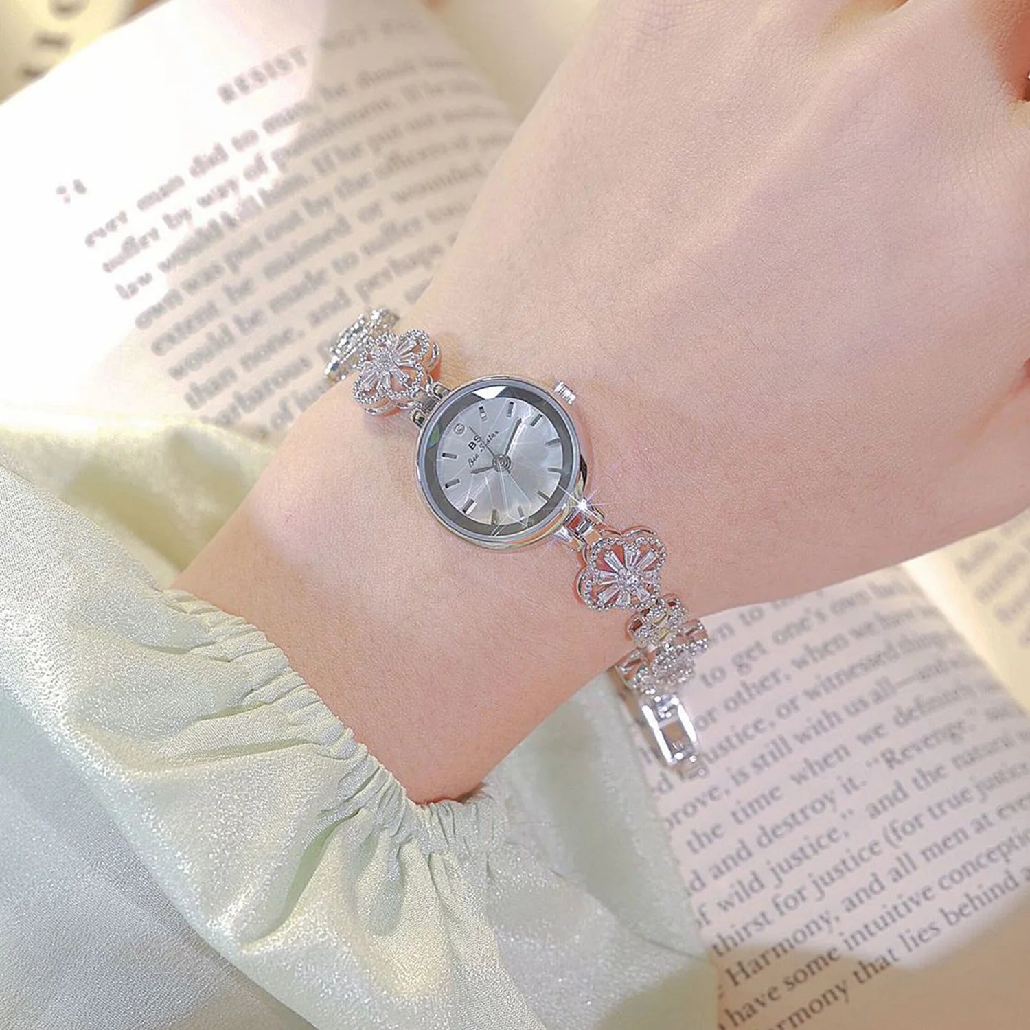 Floral Bracelet Wristwatch with Crystal Accents