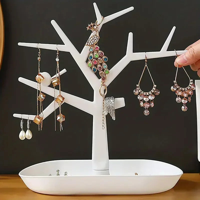 Jewelry Display Tree with Tray Storage Organizer - White