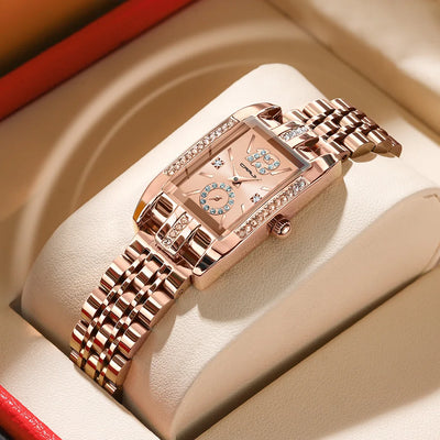 Rectangular Crystal Watch For Women With Rhinestones - WO2MEN