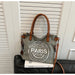 Paris Stamp Tote Bag with Convertible Carrying Strap - Grey White