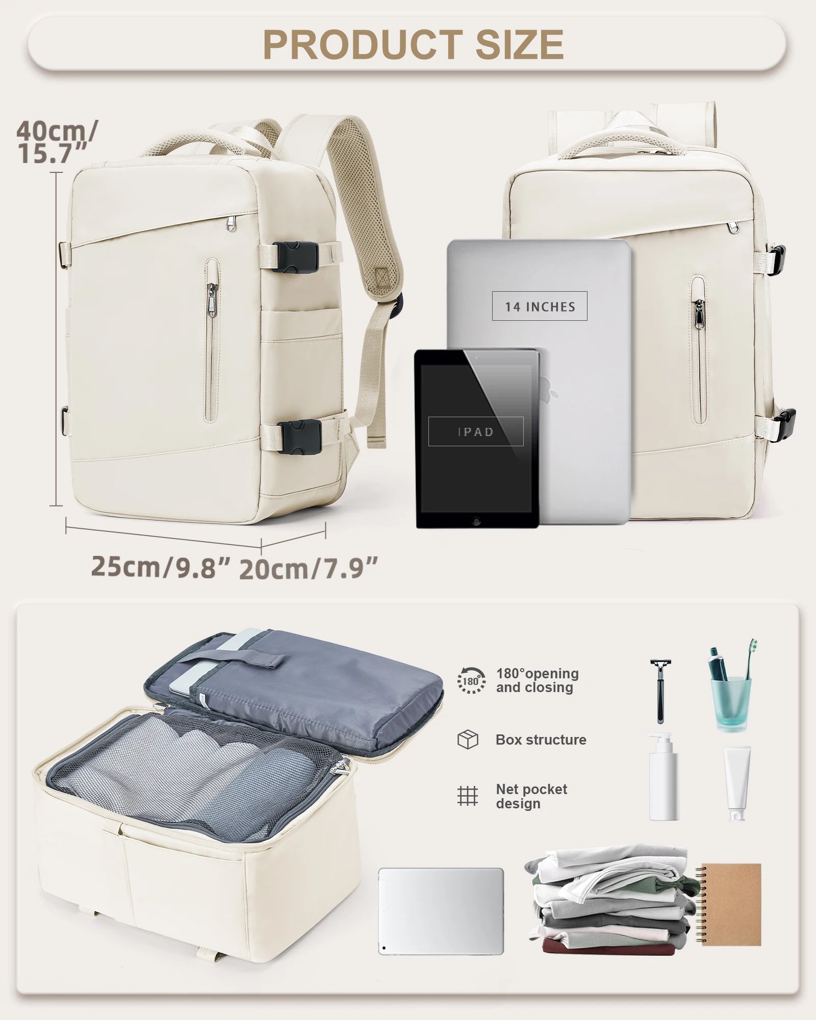 Travel Backpack with Multiple Pockets for Laptop - Beige