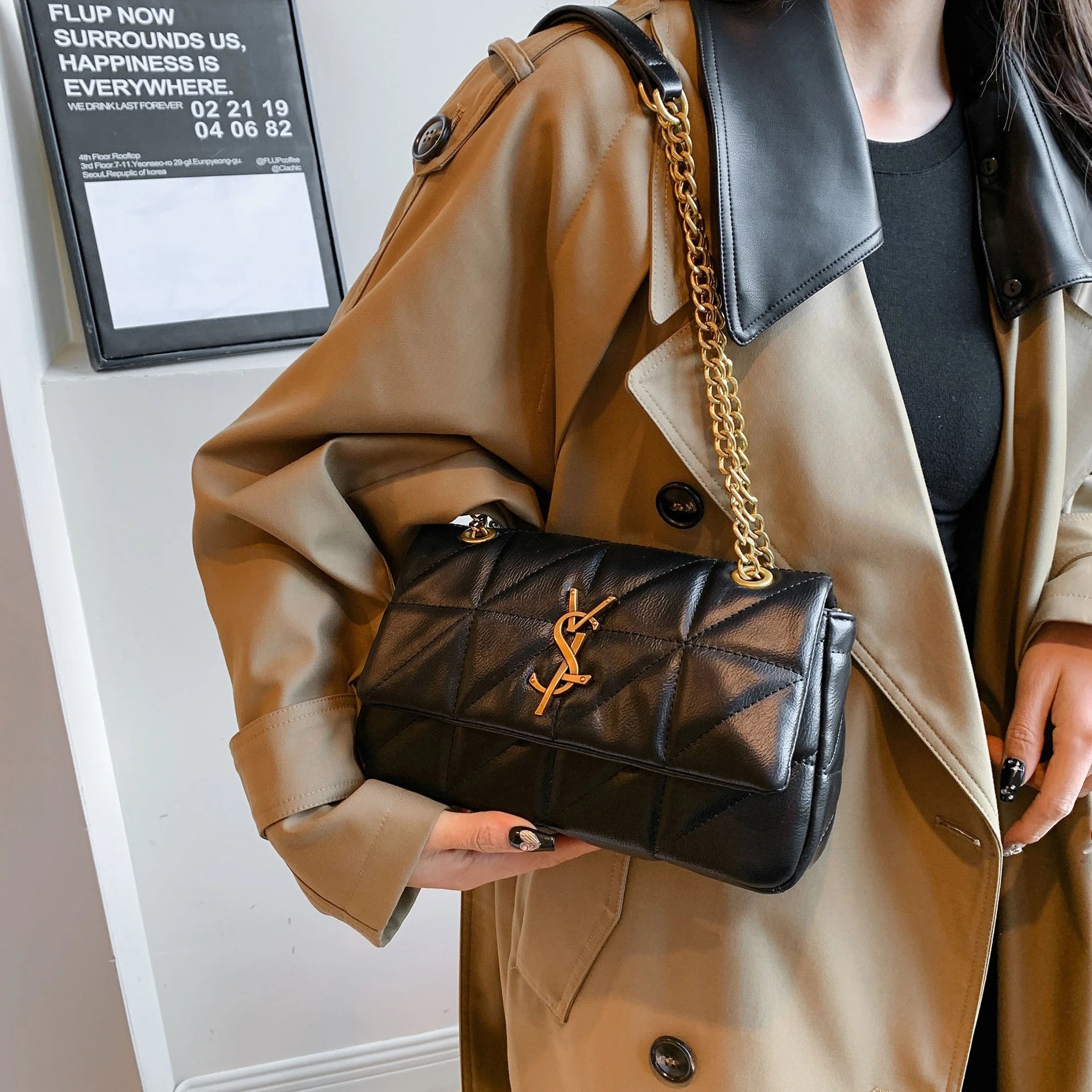 Quilted Chain Flap Shoulder Bag With Gold Logo Accent