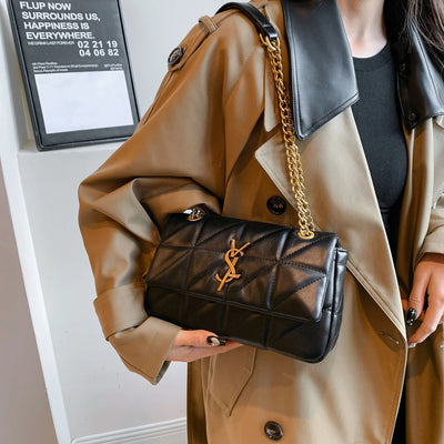Quilted Chain Flap Shoulder Bag With Gold Logo Accent