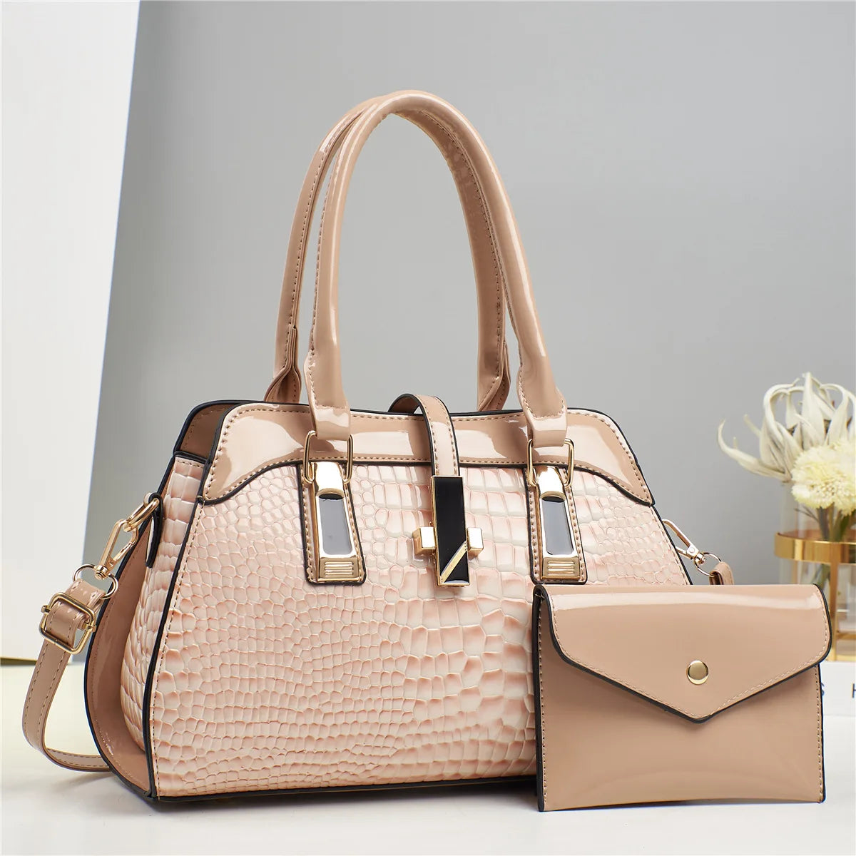 Crocodile Texture Handbag Tote with Top Handle - Khaki