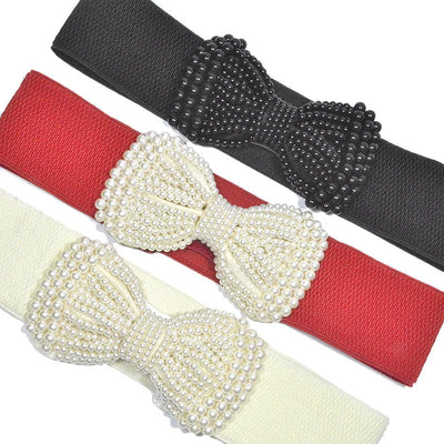 Pearl Bowknot Elastic Belt for Women Fashion Accessory