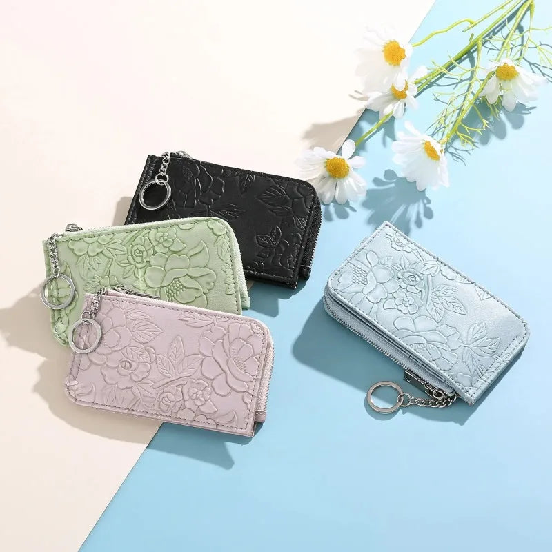 Wallet Embossed Floral Zip Coin Purse with Key Ring - WO2MEN