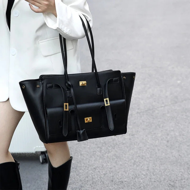 Handbag with Silver Buckle and Structured Compartment