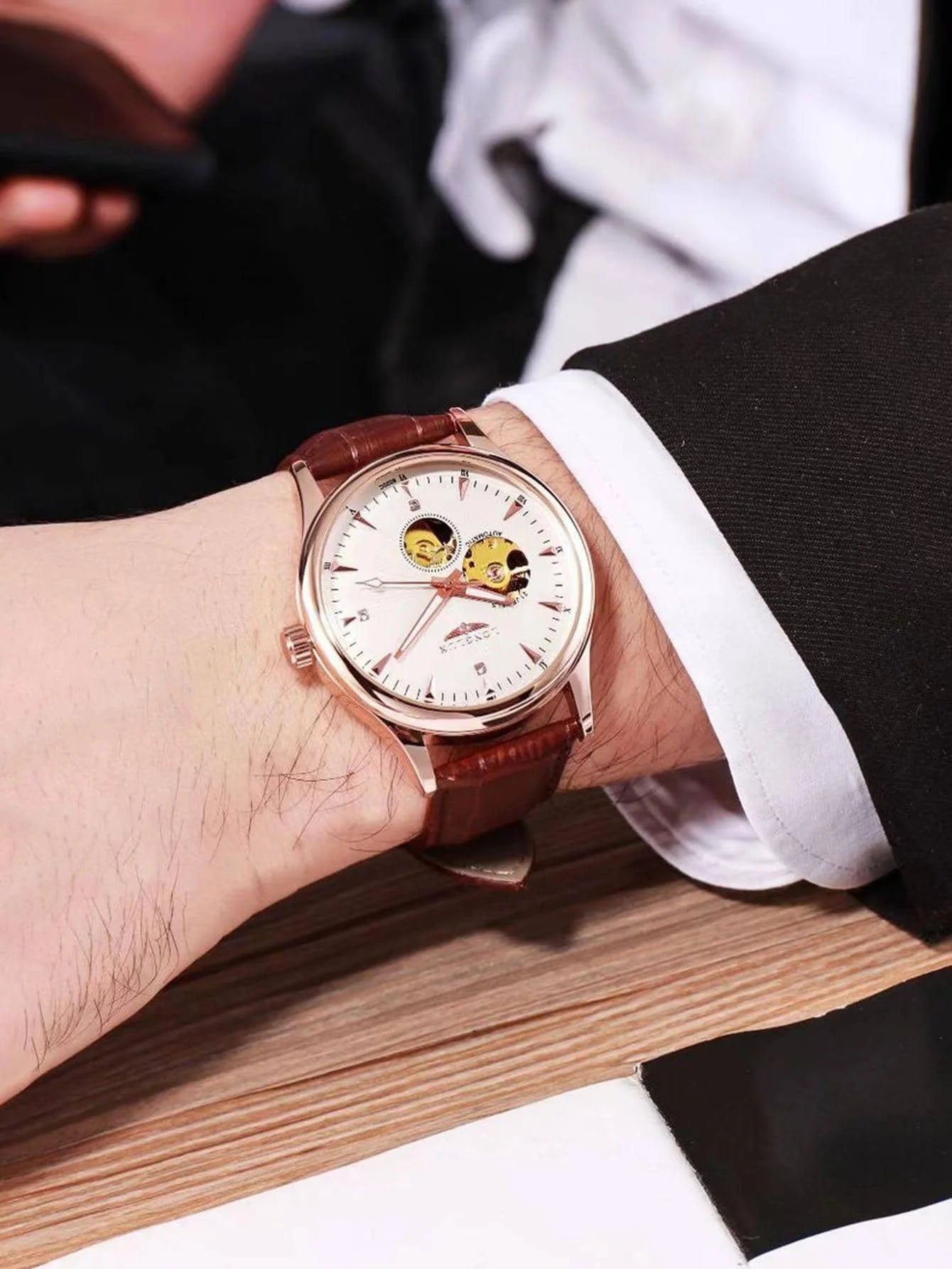 Mechanical Wristwatch Open Heart Leather Strap