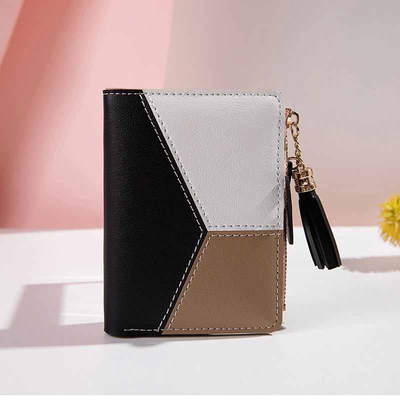 Geometric Patchwork Wallet With Tassel Charm Card Slots
