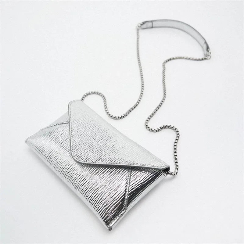 Square Envelope Crossbody Bag with Chain Strap - Silver