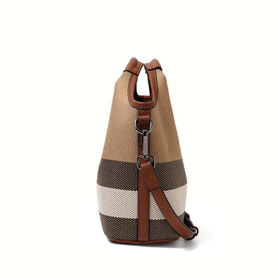 Plaid Canvas Tote With Top Handle And Removable Strap