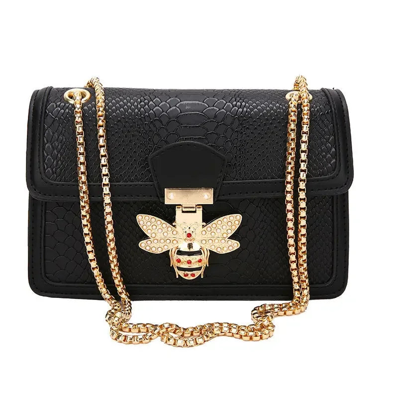Crocodile Print Crossbody Bag Bee Lock Charm Chain